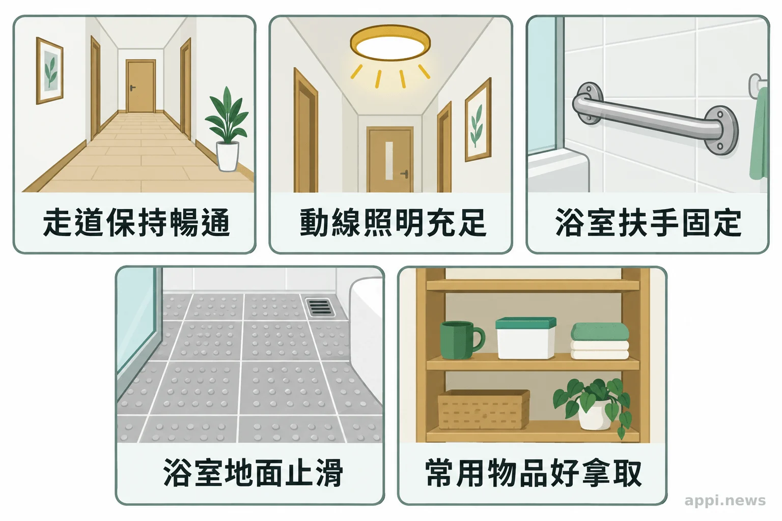 居家安全圖示並列呈現清空走道、加強照明、固定浴室扶手、使用止滑地面及把常用物品放在伸手可及處。