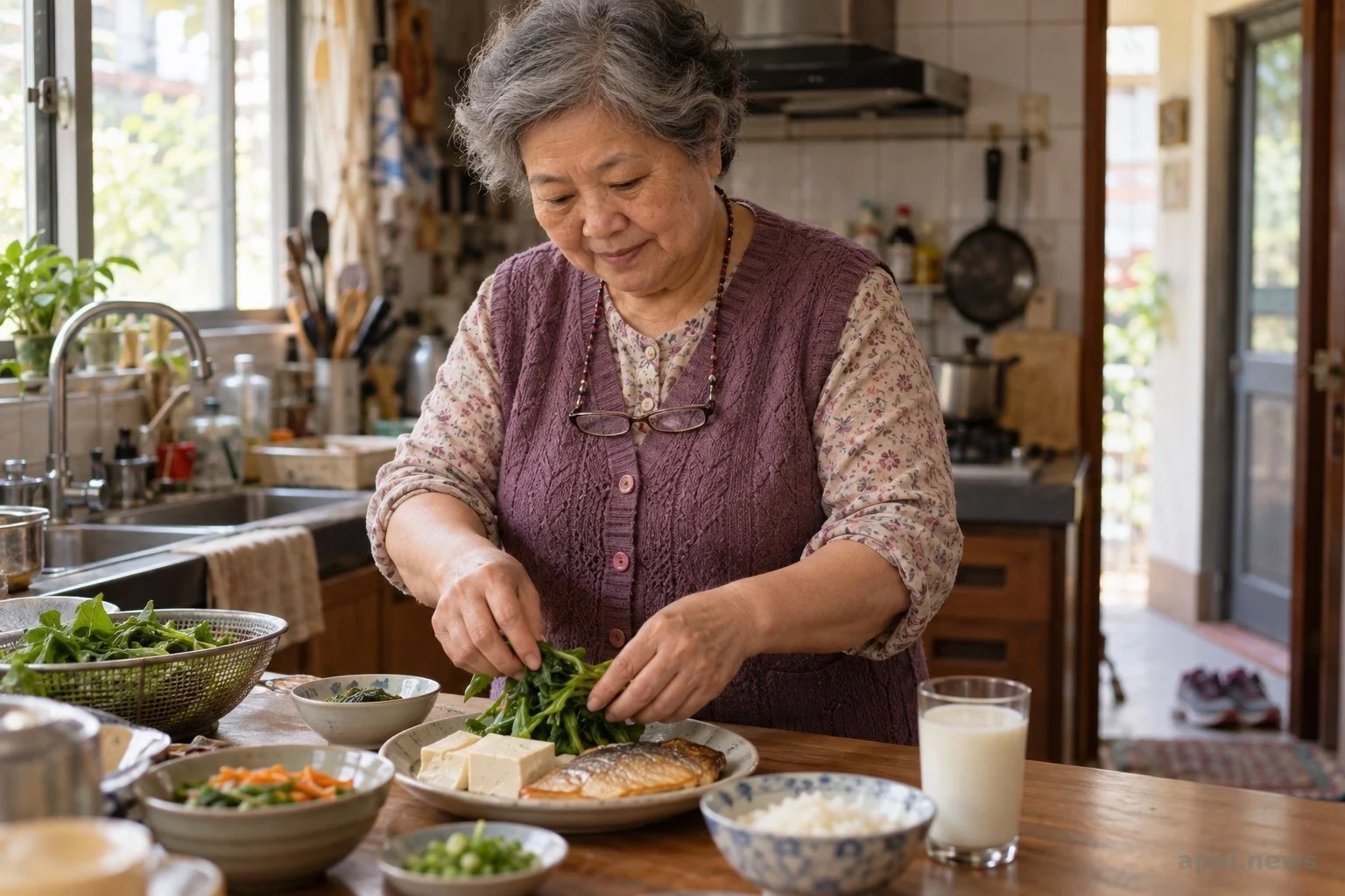 一位年長者在台灣住家廚房準備豆腐、蔬菜與魚等餐食，門邊放著一雙步行鞋
