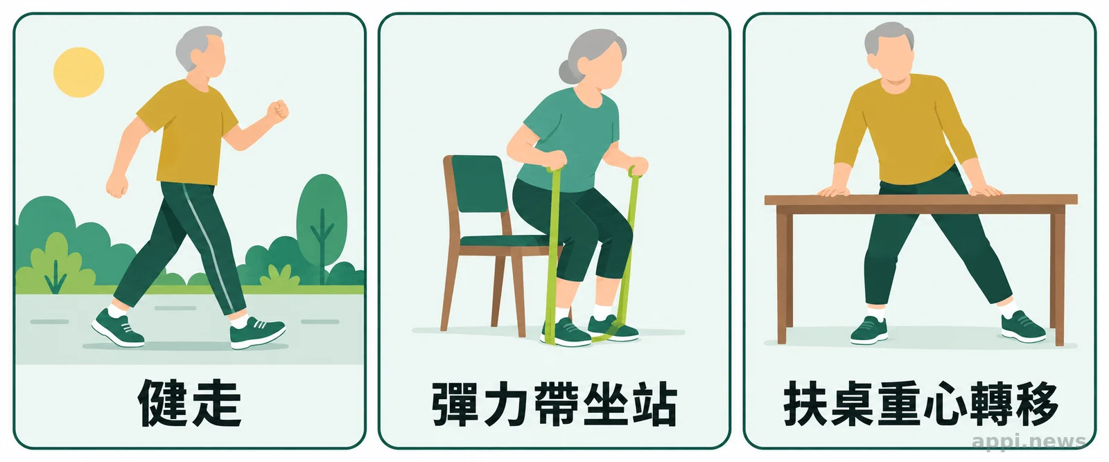 三個並列畫面呈現年長者健走、使用彈力帶坐站，以及扶著穩固桌面練習重心轉移