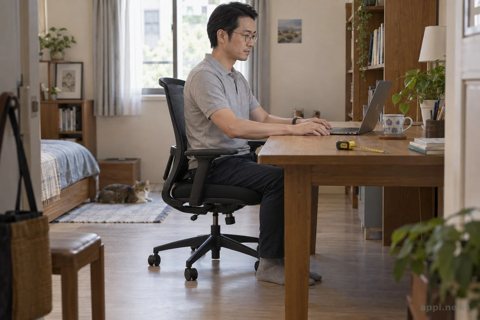 一位亞洲成人坐在居家書桌前，前臂平放桌面，雙腳有支撐。