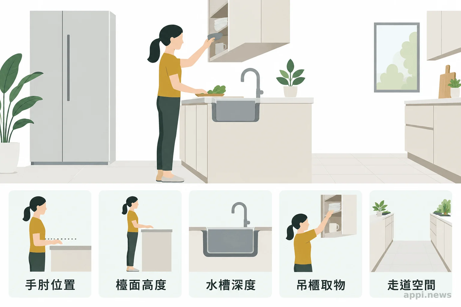 站立者旁標示手肘位置、檯面、水槽、吊櫃取物範圍與走道的廚房配置圖。