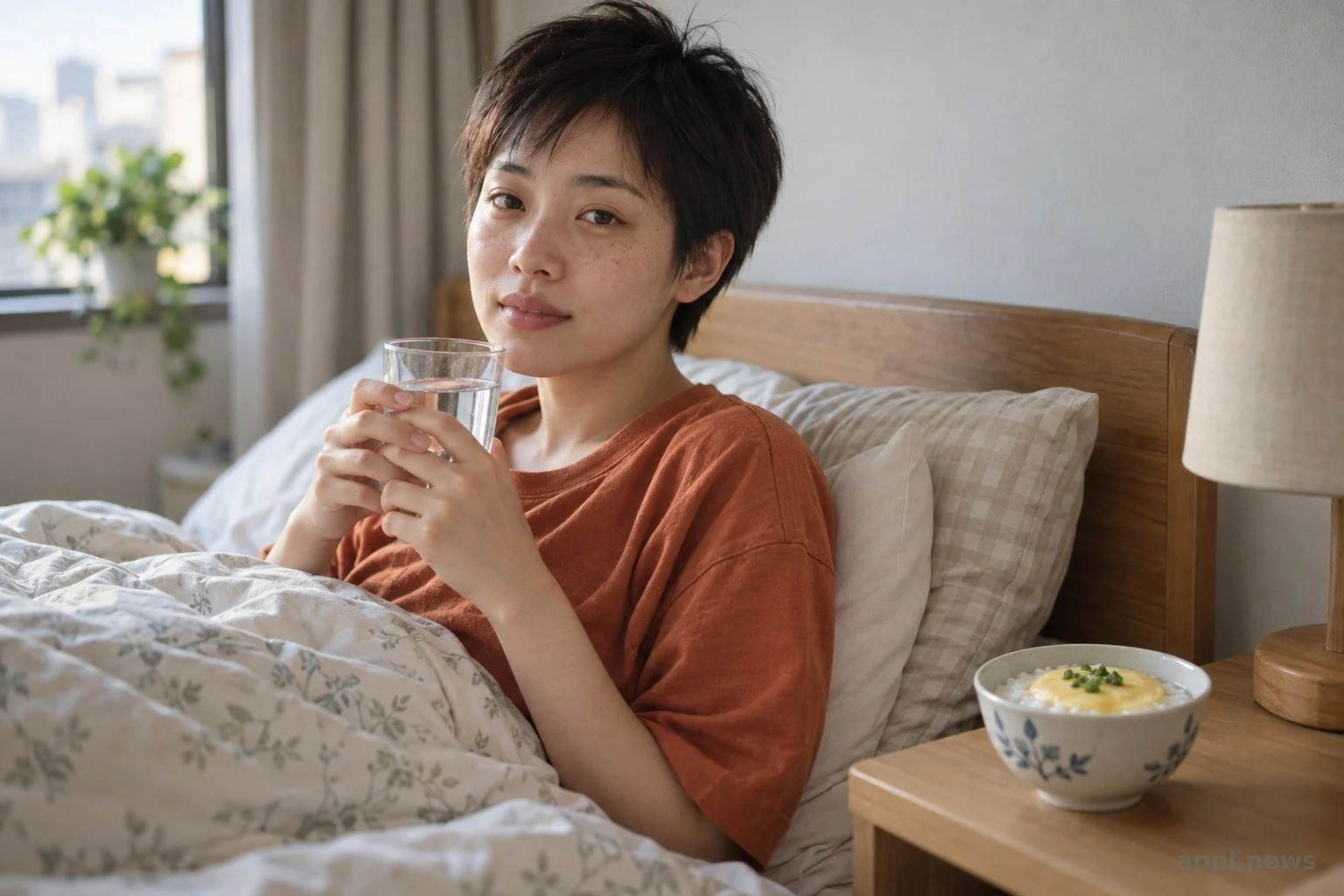 一位亞洲成人在床邊休息，桌上放著一杯水和一碗蒸蛋粥。