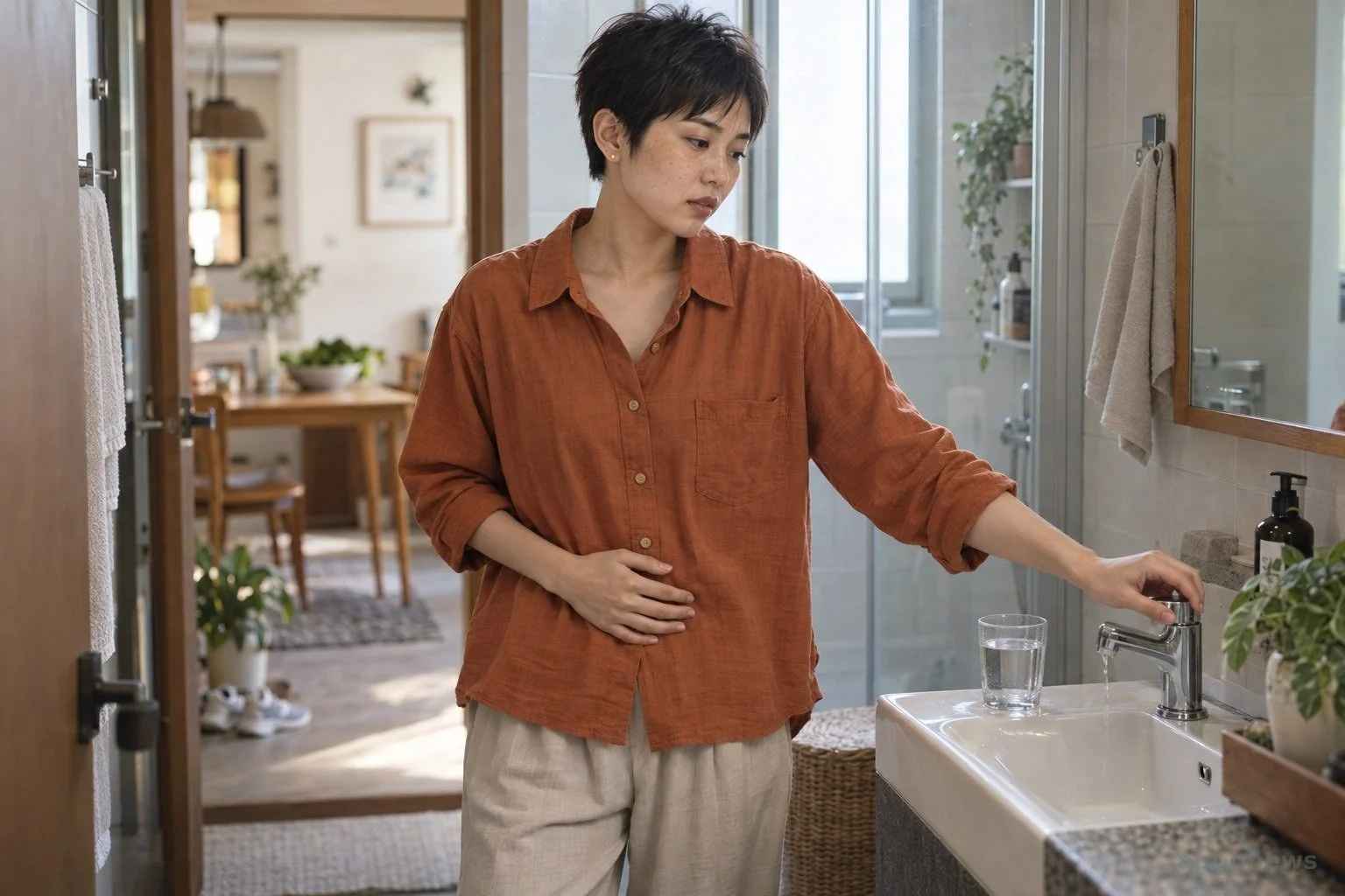 一位女性站在明亮的居家浴室裡，手扶下腹露出沉思神情。