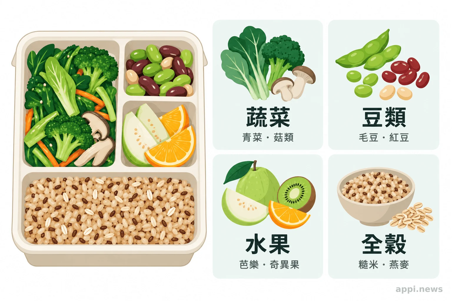 便當餐盤旁分別呈現蔬菜、豆類、水果與全穀食物。