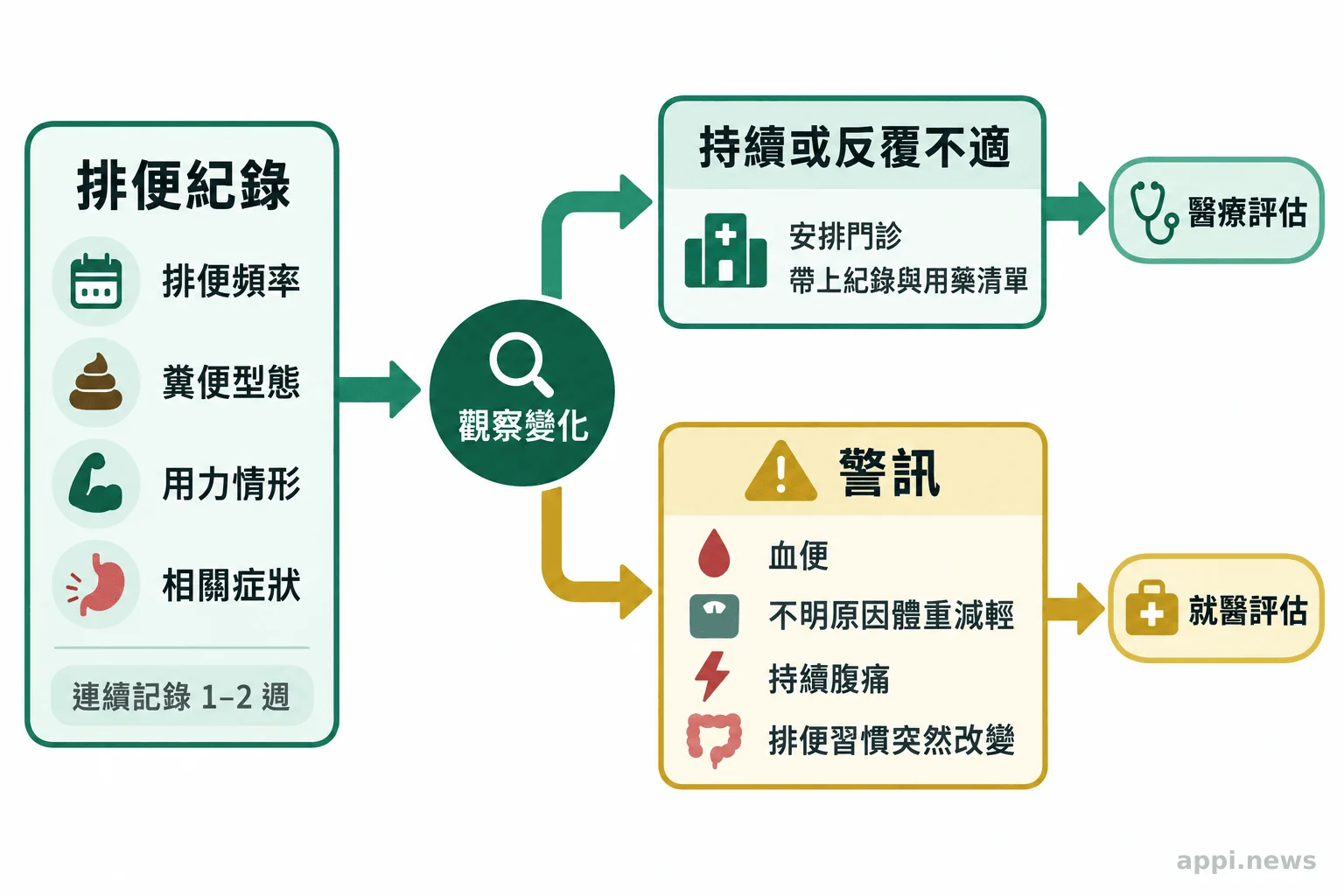 流程圖由排便紀錄開始，分流至持續症狀的門診準備或警訊出現時的就醫評估。