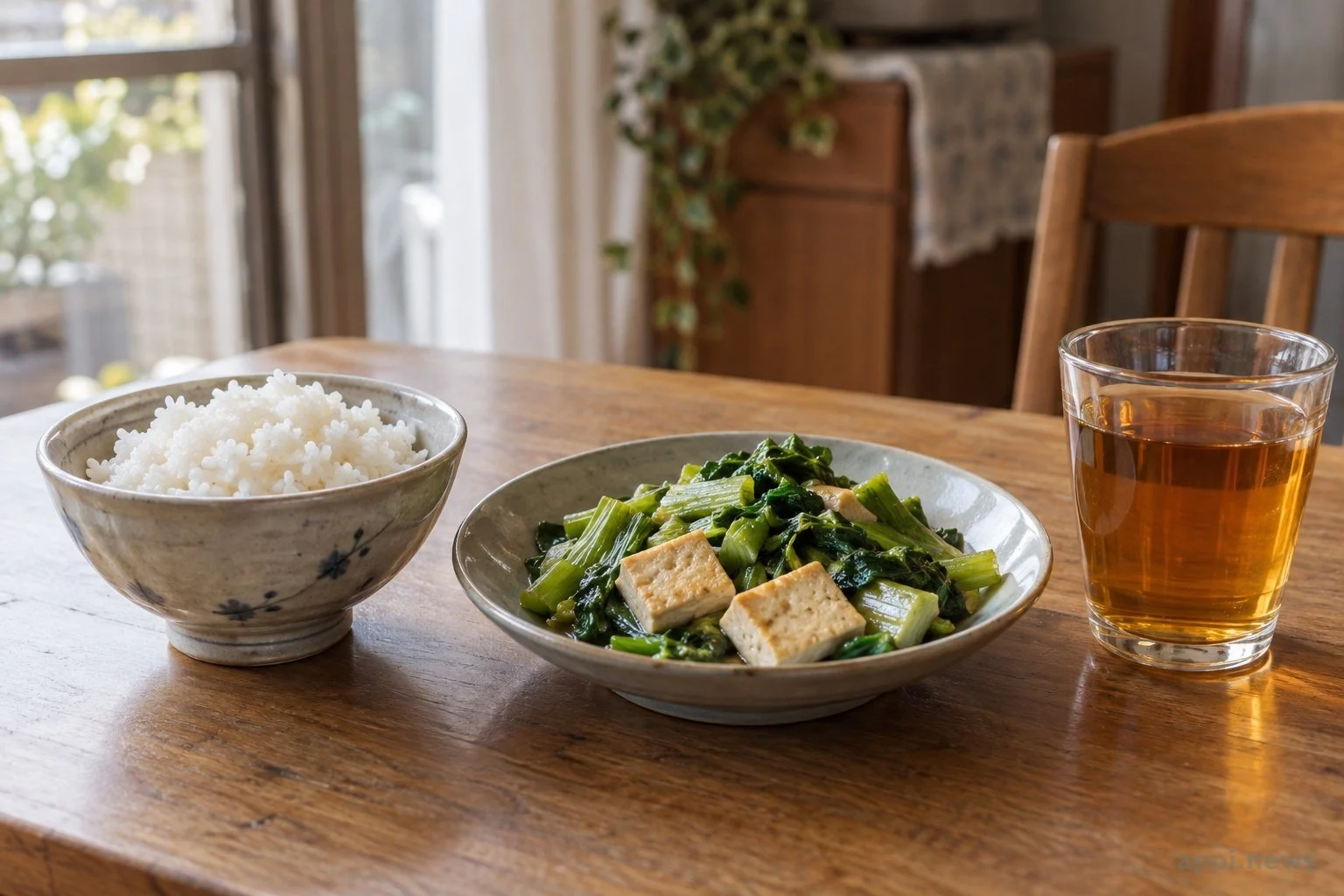 餐桌上擺著白飯、蔬菜、豆腐與一杯含糖飲料。