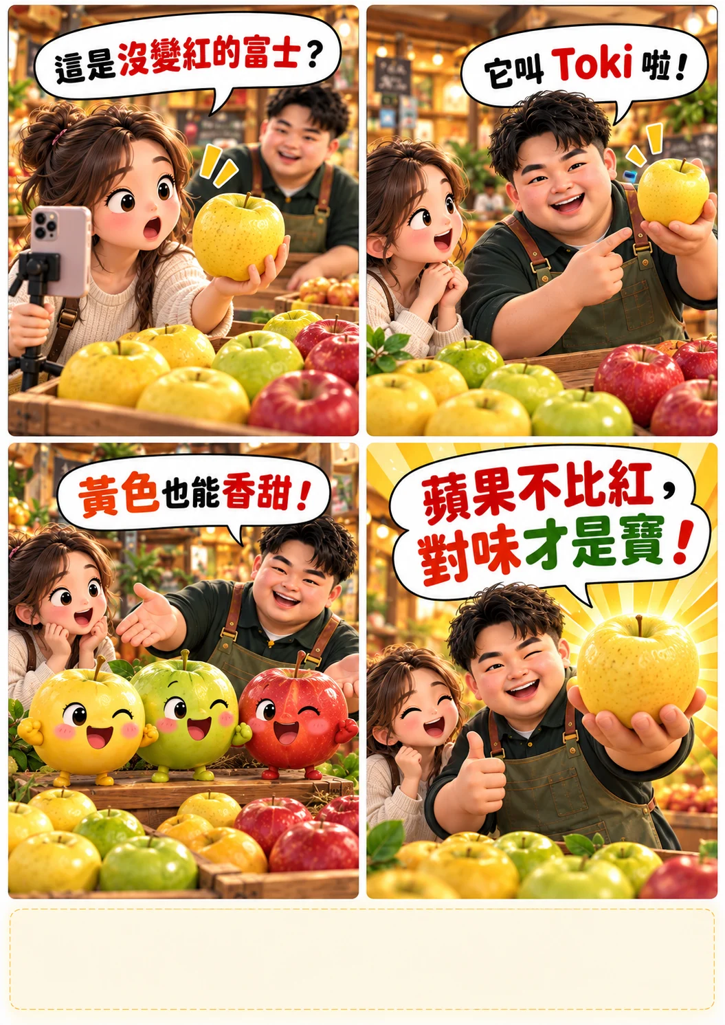 水果攤上黃色 Toki、綠黃色王林與紅色富士的對照