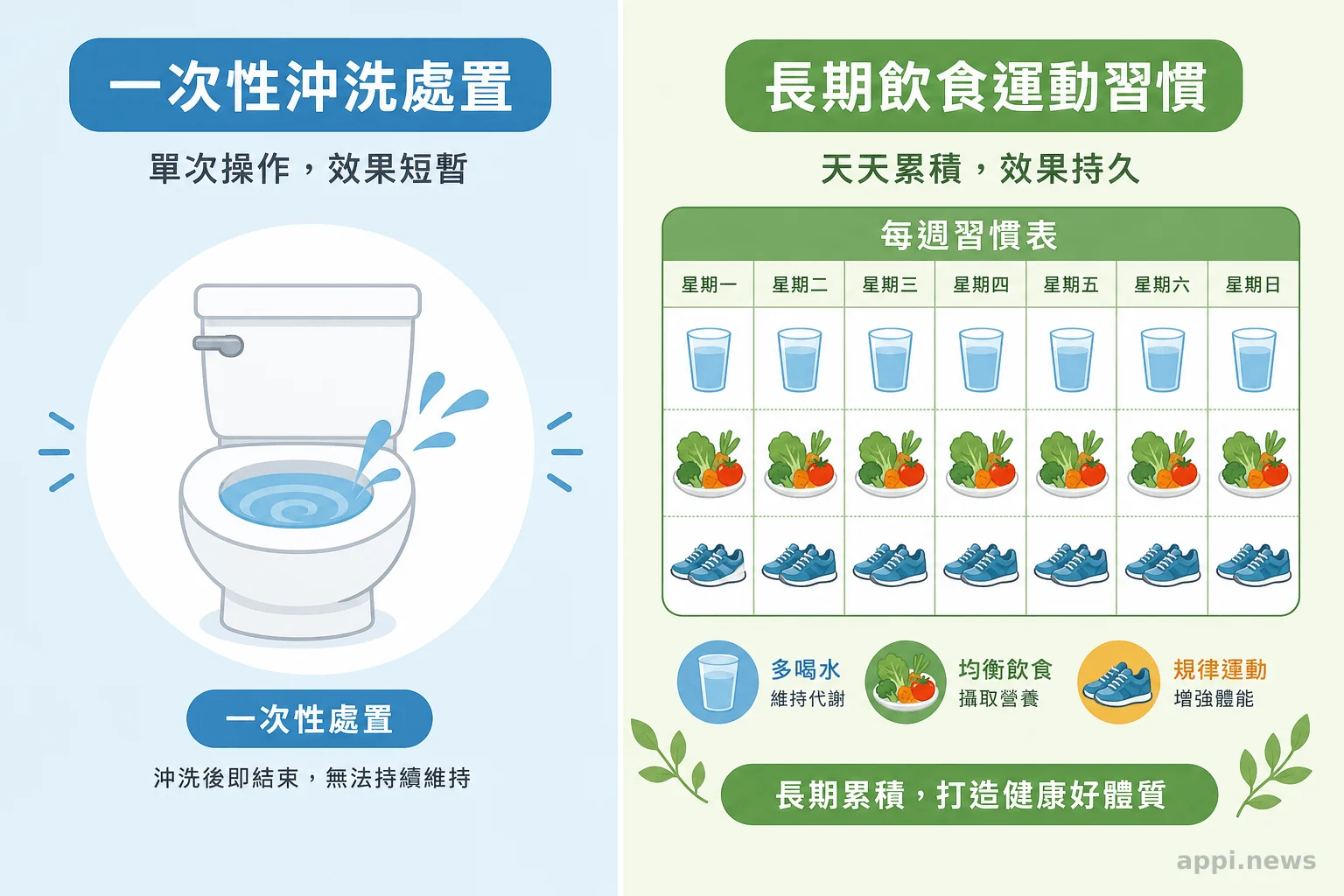 對比示意圖:一次性沖洗處置與長期飲食運動習慣的差異