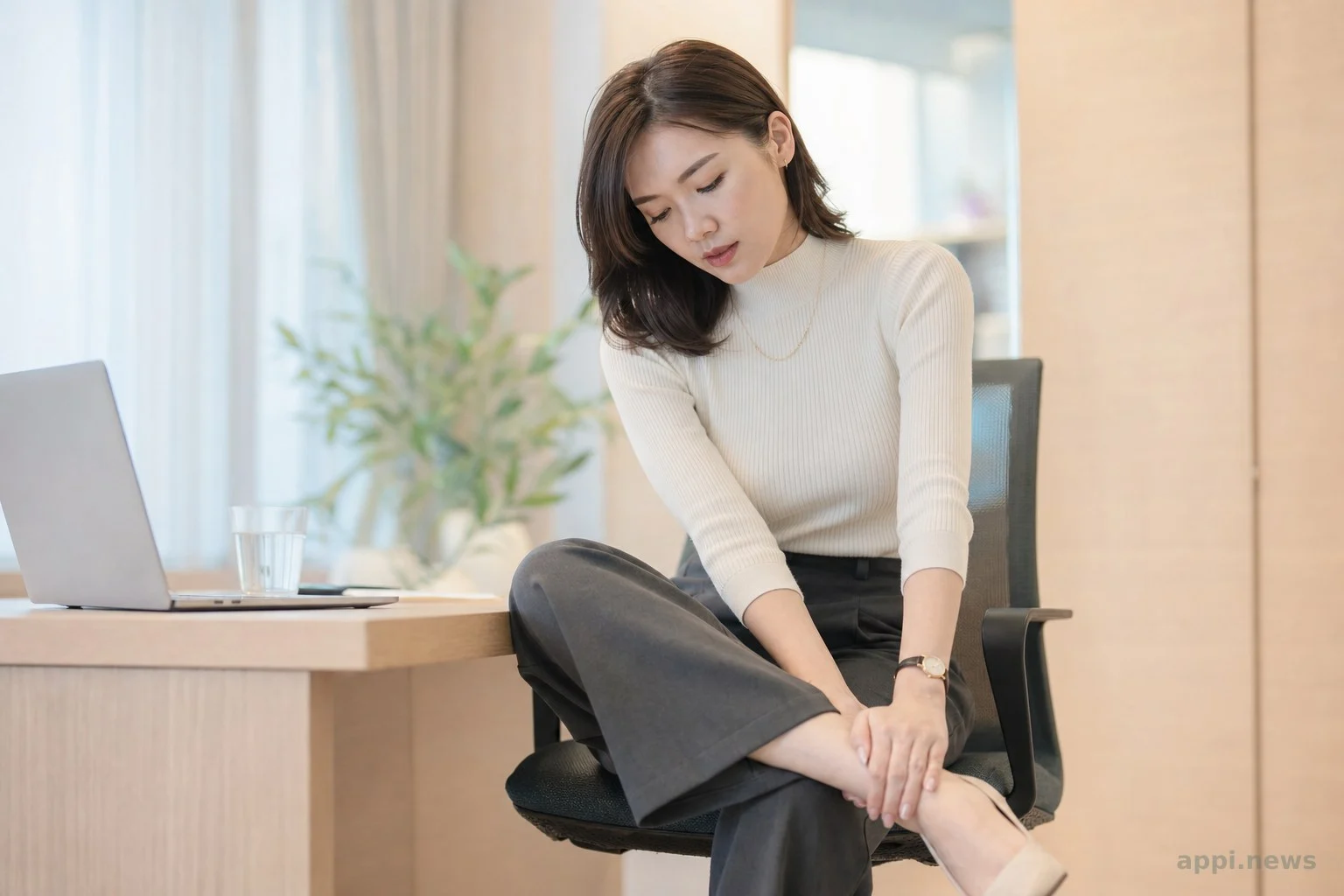 久坐辦公室的上班族，下午感覺鞋子變緊、小腿沉重的情境示意