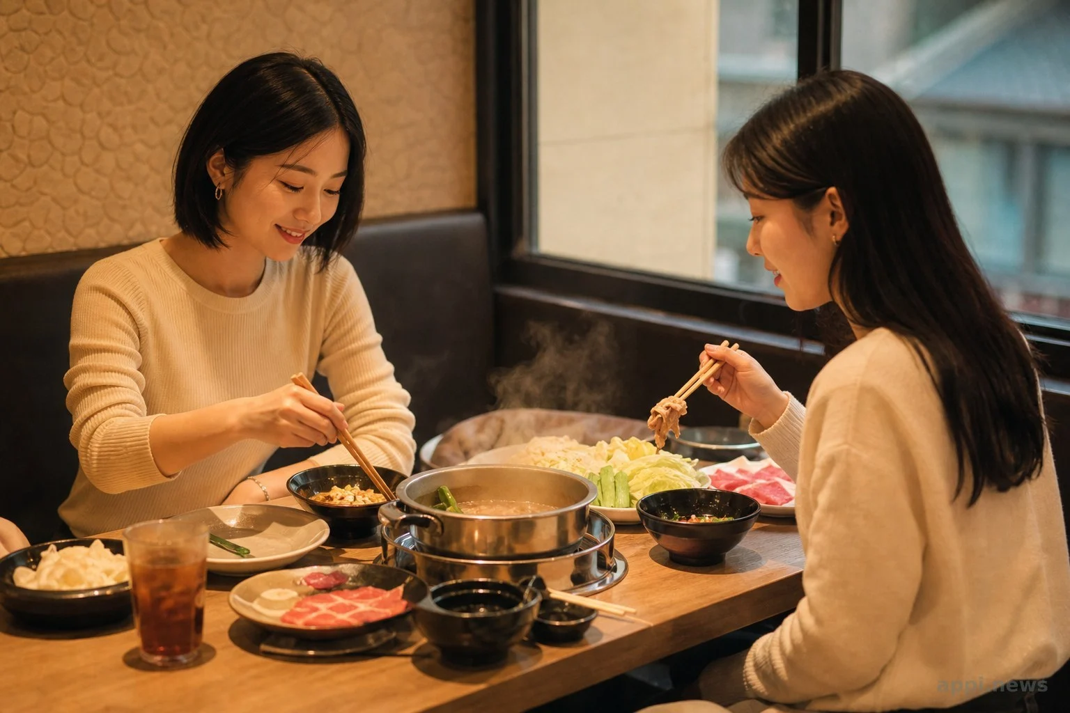 火鍋或燒肉餐後,桌上放著一杯溫熱山楂茶的情境示意圖