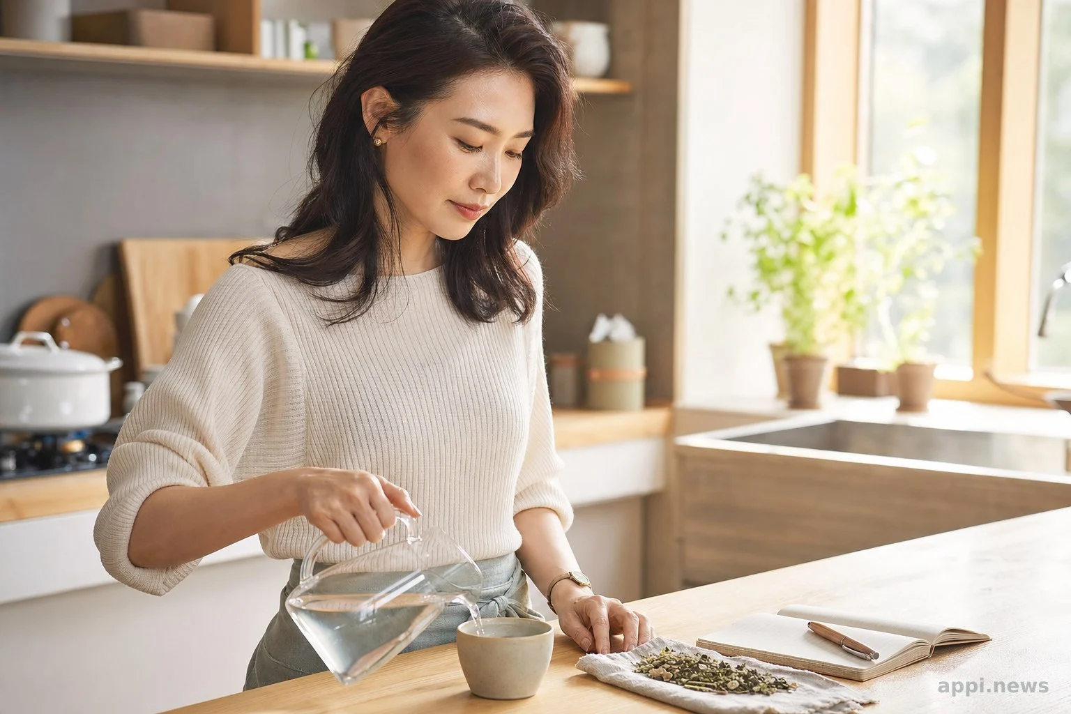 一個人在溫暖的居家廚房裡倒水準備開始一天的喝水習慣