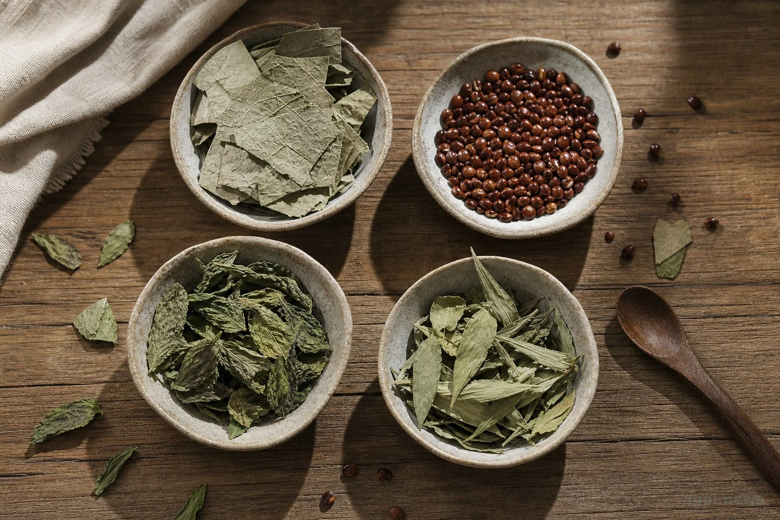 荷葉、決明子、薄荷、甜菊葉四種代謝茶常見成分分別裝在小碗中的特寫