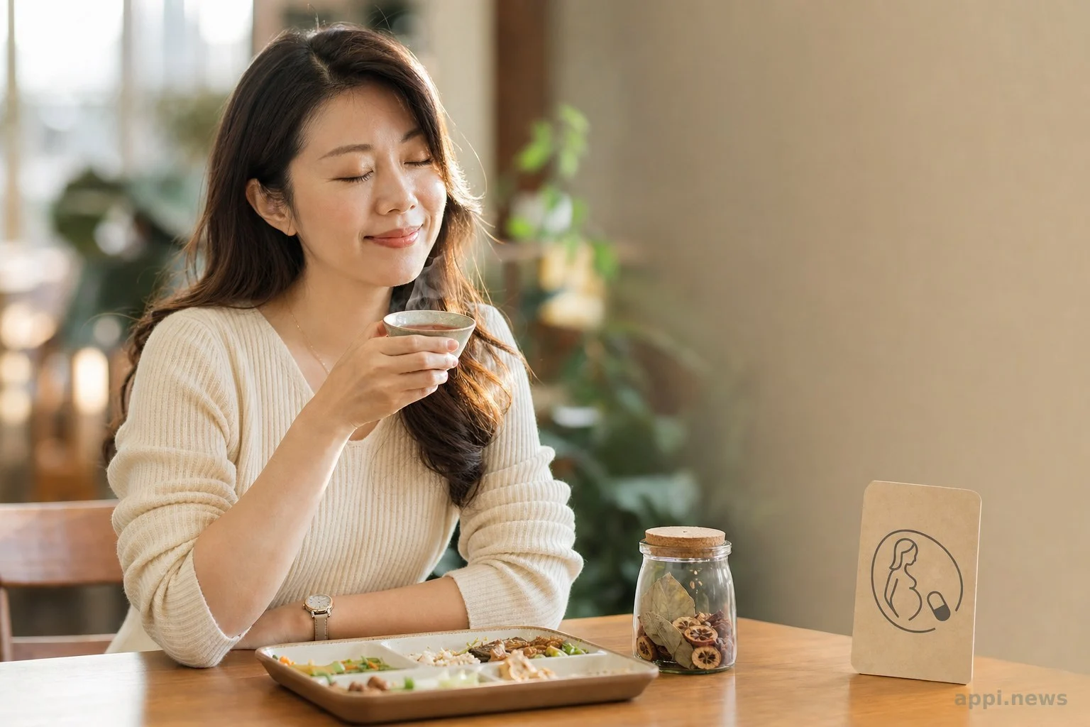 示意圖呈現一般外食族適合飲用代謝茶，另一側標示孕婦與服藥者建議先諮詢專業