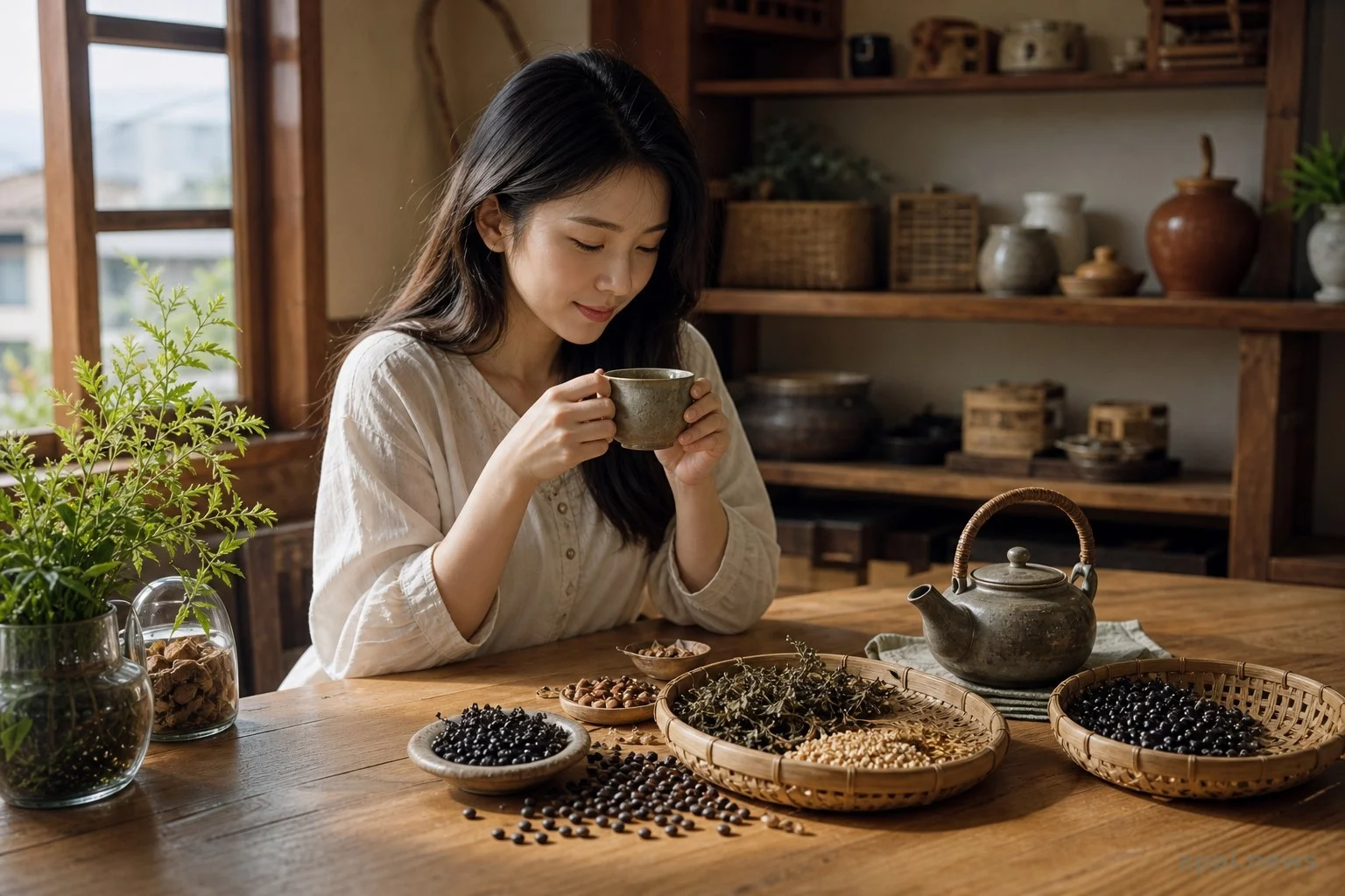 六味黑豆茶的穀物與豆類食材擺放在木桌上的示意畫面