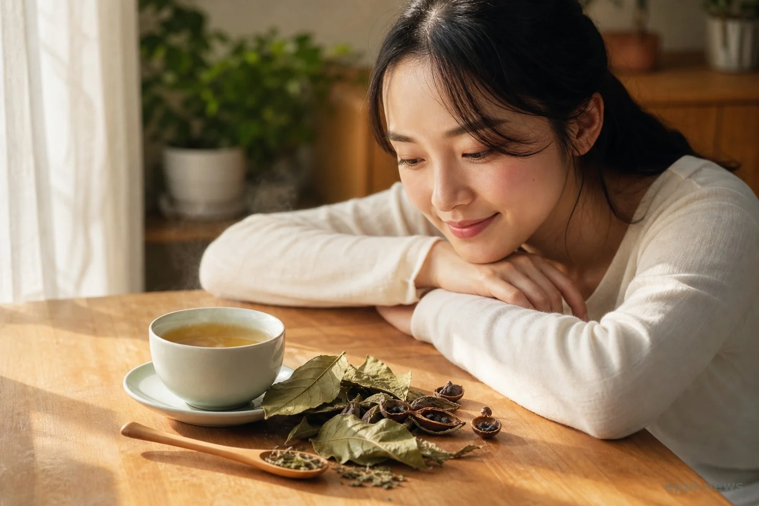 桌上放著一杯芭樂葉茶與幾片乾燥芭樂葉