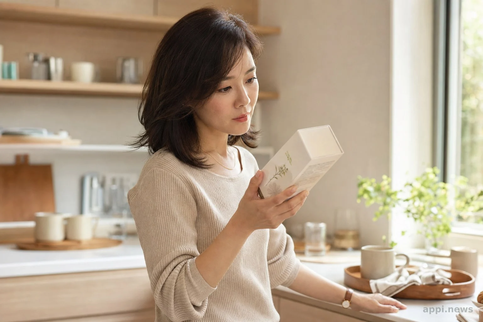 女性在廚房裡仔細閱讀代謝茶包裝背面的成分標示