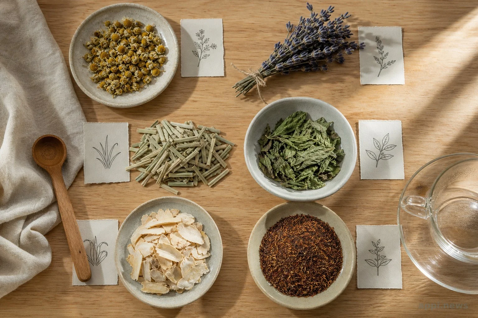多種無咖啡因花草茶材料平鋪示意圖,包含洋甘菊、薰衣草、檸檬草、薄荷、百合、南非國寶茶