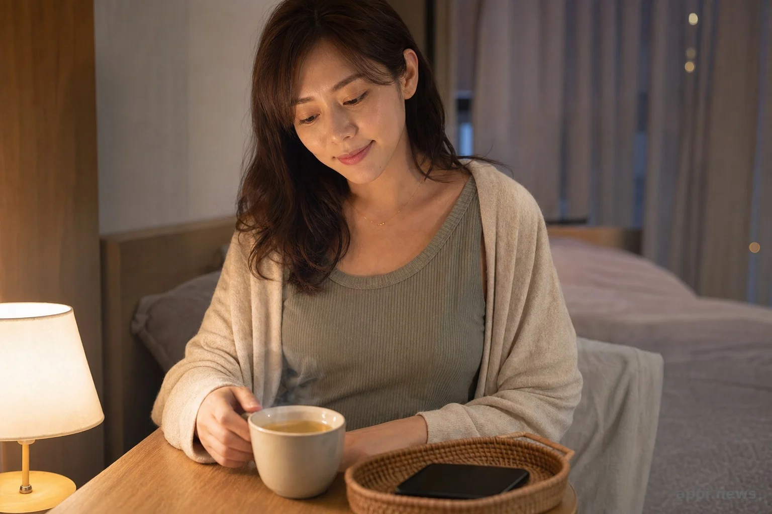 睡前儀式時間軸示意圖,依序為調暗燈光、放下手機螢幕、飲用溫熱花草茶三個步驟