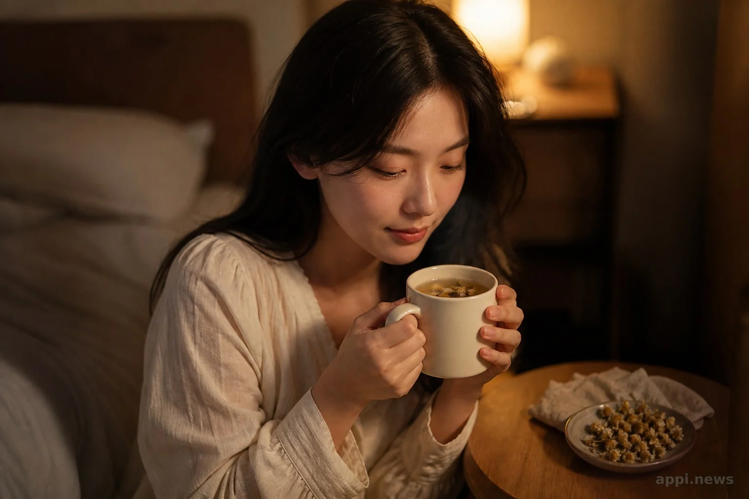 洋甘菊茶在溫暖燈光下冒著熱氣，呈現睡前放鬆的氛圍
