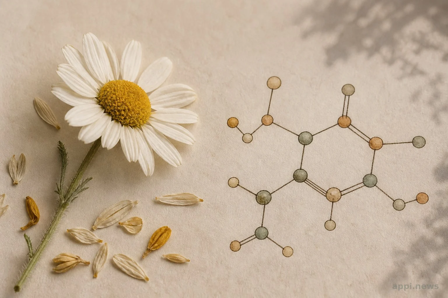 洋甘菊花朵與其成分結構示意，呈現植物與科學研究的連結