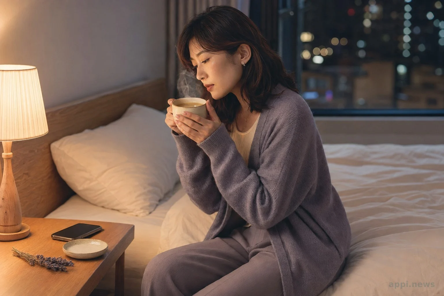 女性坐在床邊，手機面朝下放在床頭櫃，手捧著冒著熱氣的茶杯，準備進入睡前放鬆時刻
