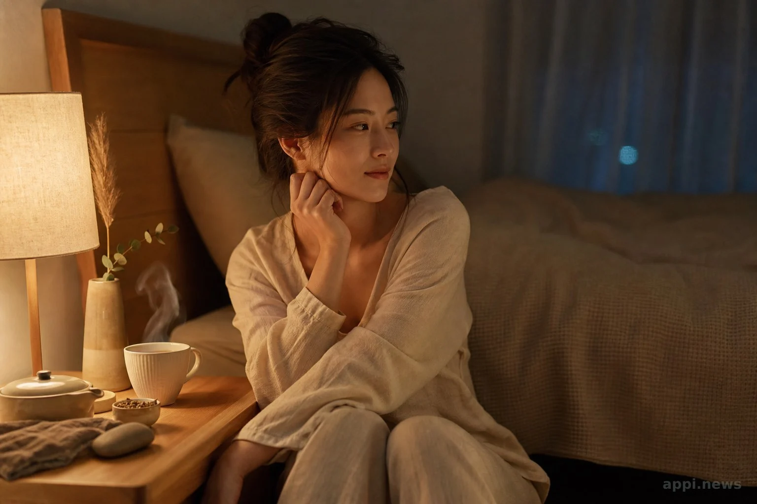 溫馨臥室夜晚情境，床頭桌上放著一杯冒著熱氣的無咖啡因花草茶