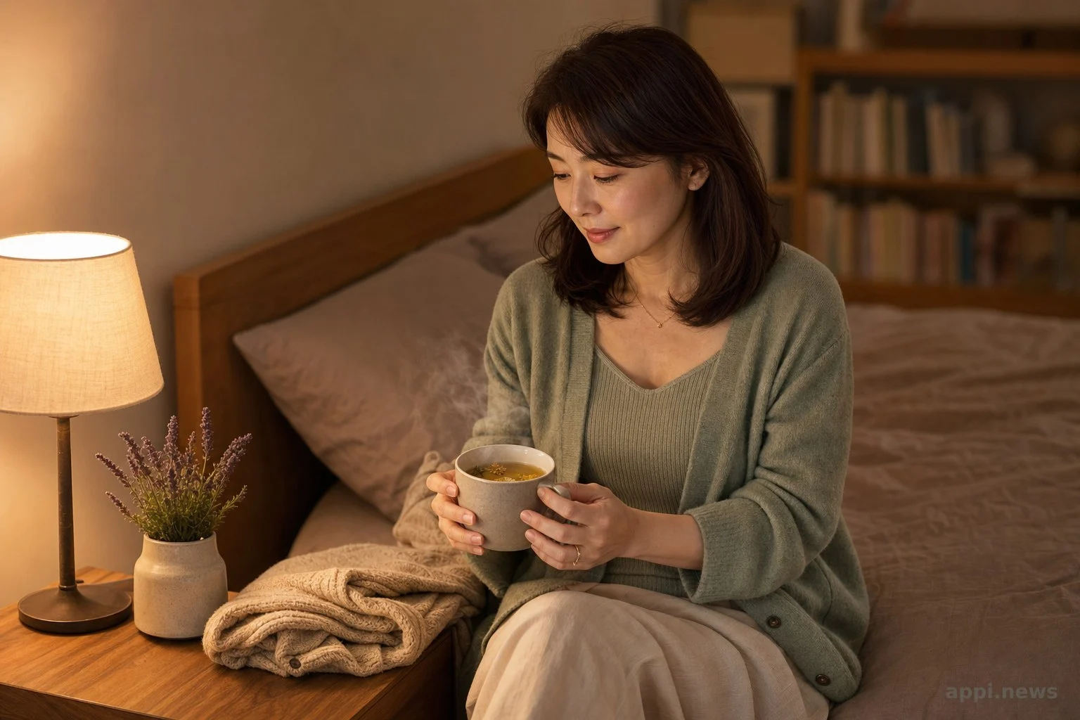 臥室床頭桌上放著一杯冒著熱氣的花草茶與溫暖的床頭燈,營造睡前放鬆的氛圍