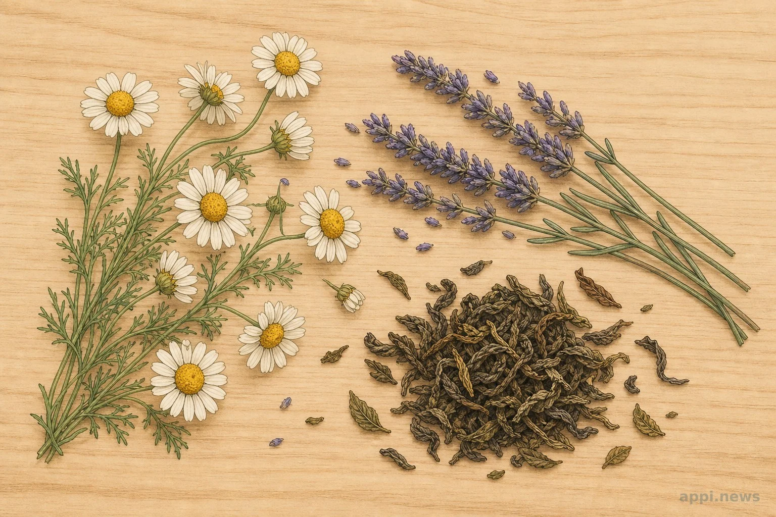 洋甘菊花朵、薰衣草枝條與乾燥茶葉整齊排列在木質桌面上的插畫