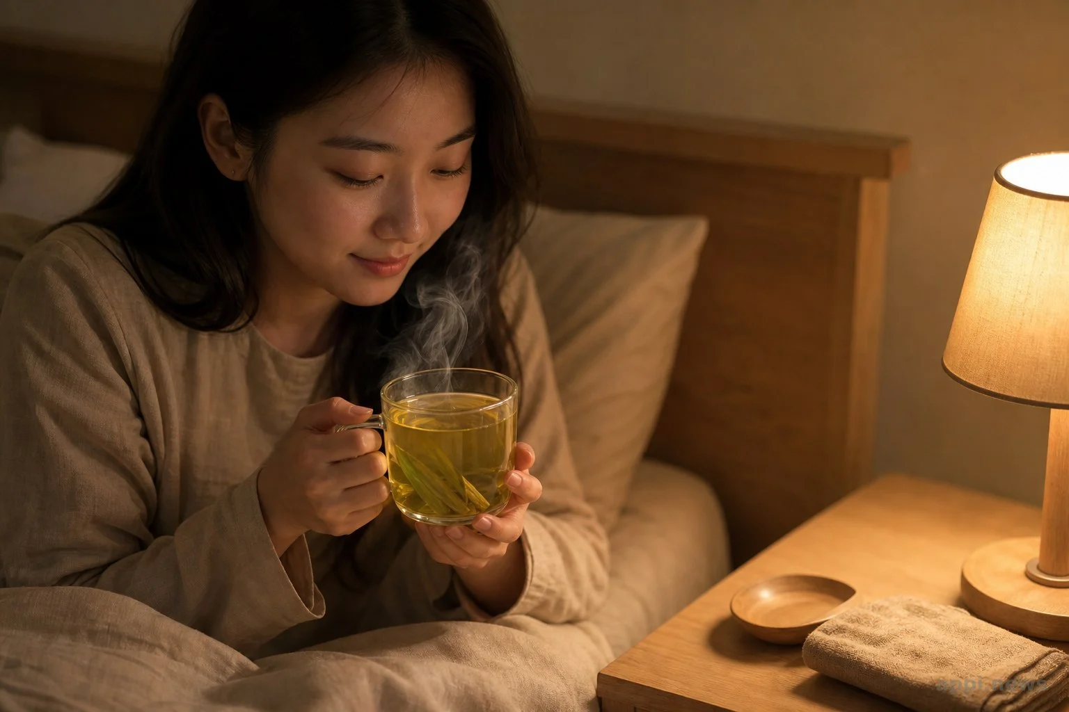 睡前床頭桌上放著一杯清透的檸檬草薄荷花草茶，搭配柔和夜燈營造放鬆氛圍