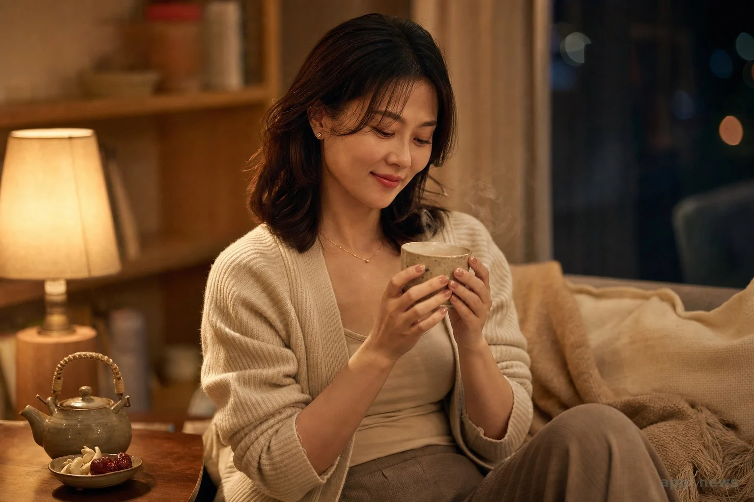 一位女性在溫暖燈光下準備睡前安神茶的情境照