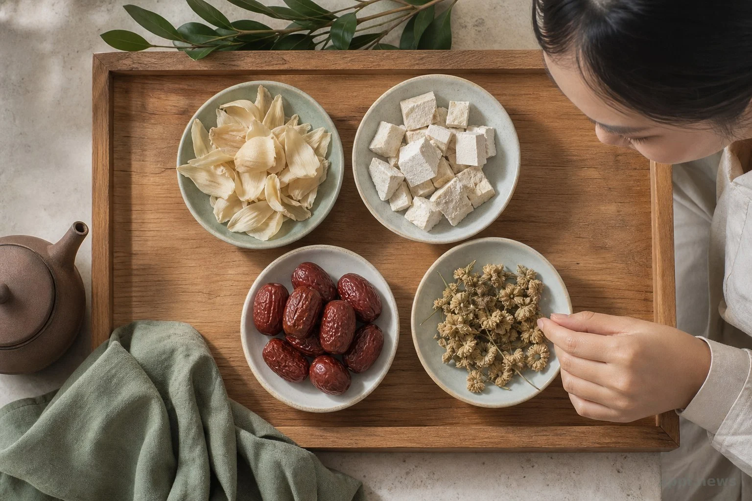 百合、茯神、紅棗、龍眼花等安神茶常見食材的實物排列示意圖