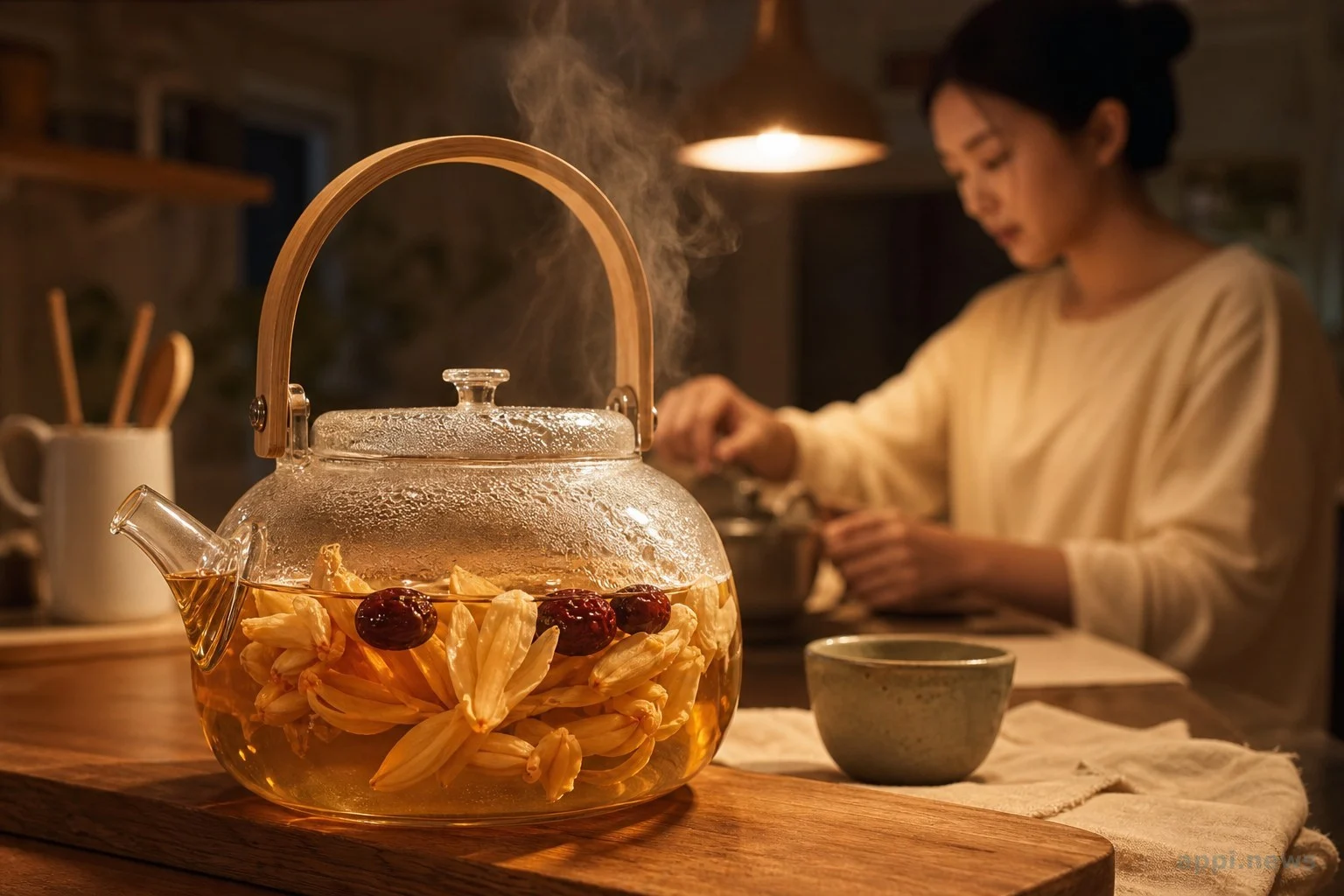 以百合、紅棗沖泡安神茶的沖泡情境特寫