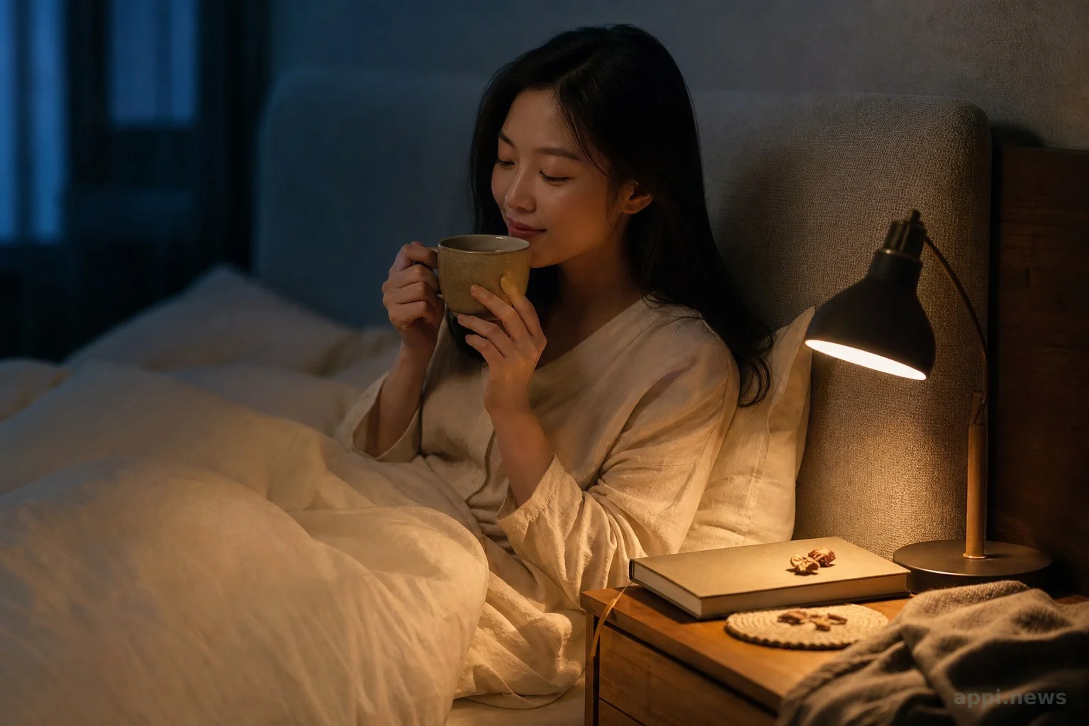 睡前放在床頭櫃上的無咖啡因花草茶示意畫面