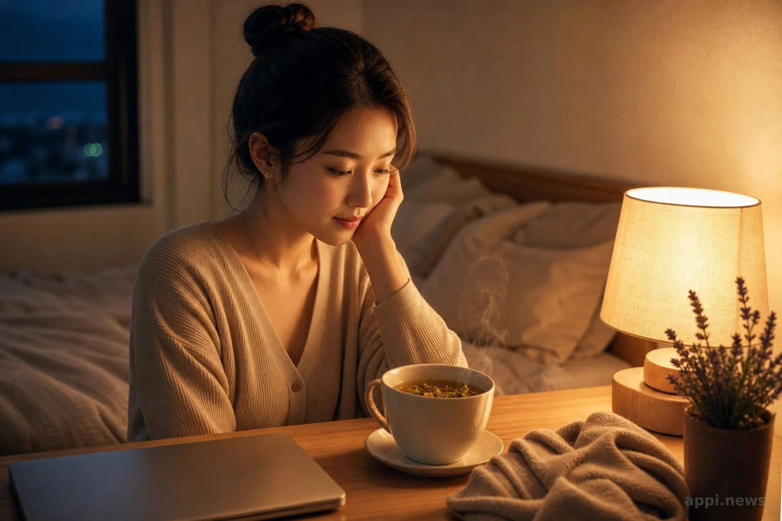夜晚臥室床頭放著一杯熱花草茶與闔上的筆電，營造下班後的睡前轉場情境