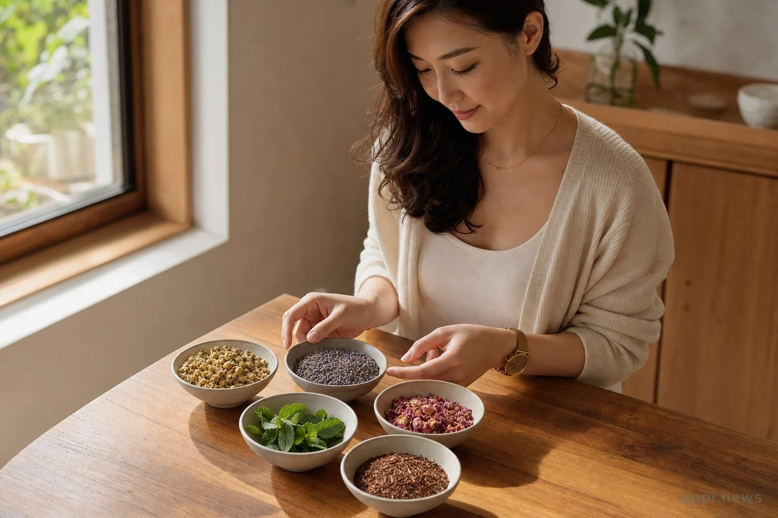 俯拍多種睡前花草茶原料並列，包含洋甘菊、薰衣草、玫瑰、薄荷與南非國寶茶