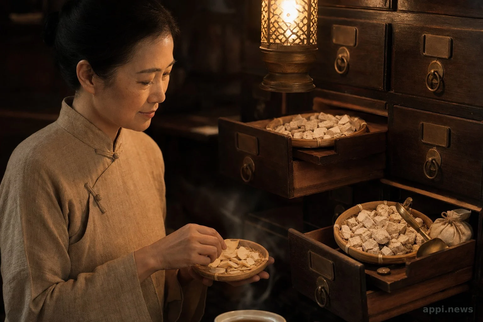 傳統中藥行木抽屜中放著茯神與百合乾燥藥材，呼應中醫安神與藥食同源的觀念