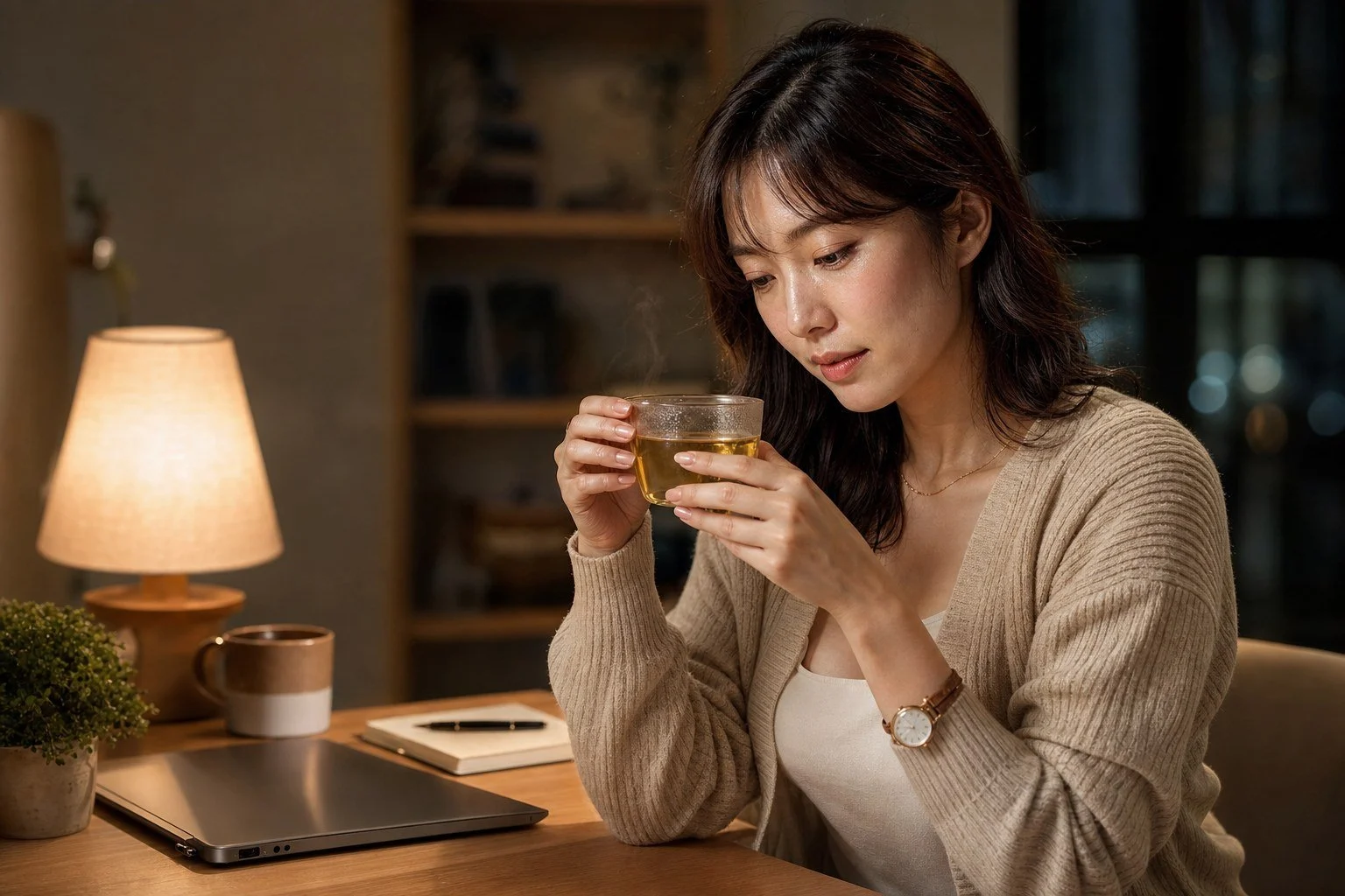 熬夜情境下，一個人在溫暖燈光的桌邊端著一杯淡金色花茶