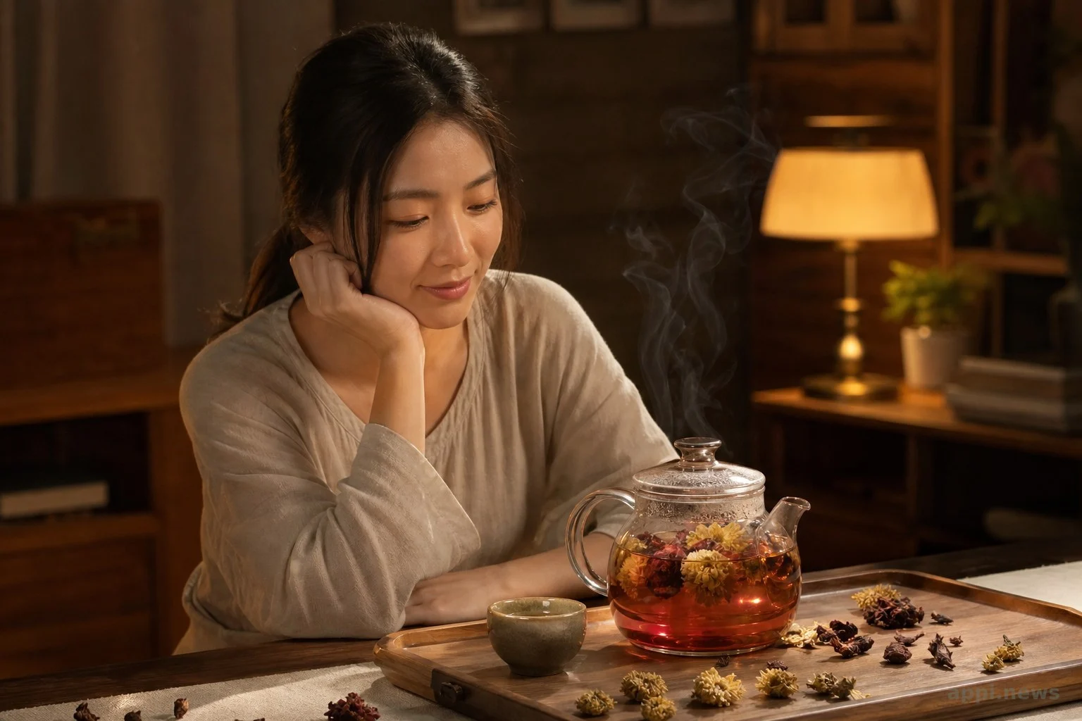 玻璃茶壺沖泡菊花洛神花茶，冒著熱氣的溫馨居家畫面