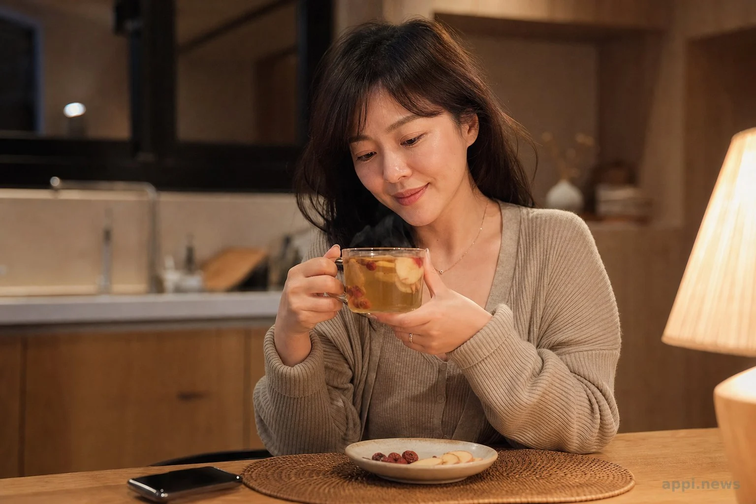 女性夜晚坐在廚房餐桌旁，手捧一杯淺金色的甜菊葉果茶，準備放鬆睡前時光