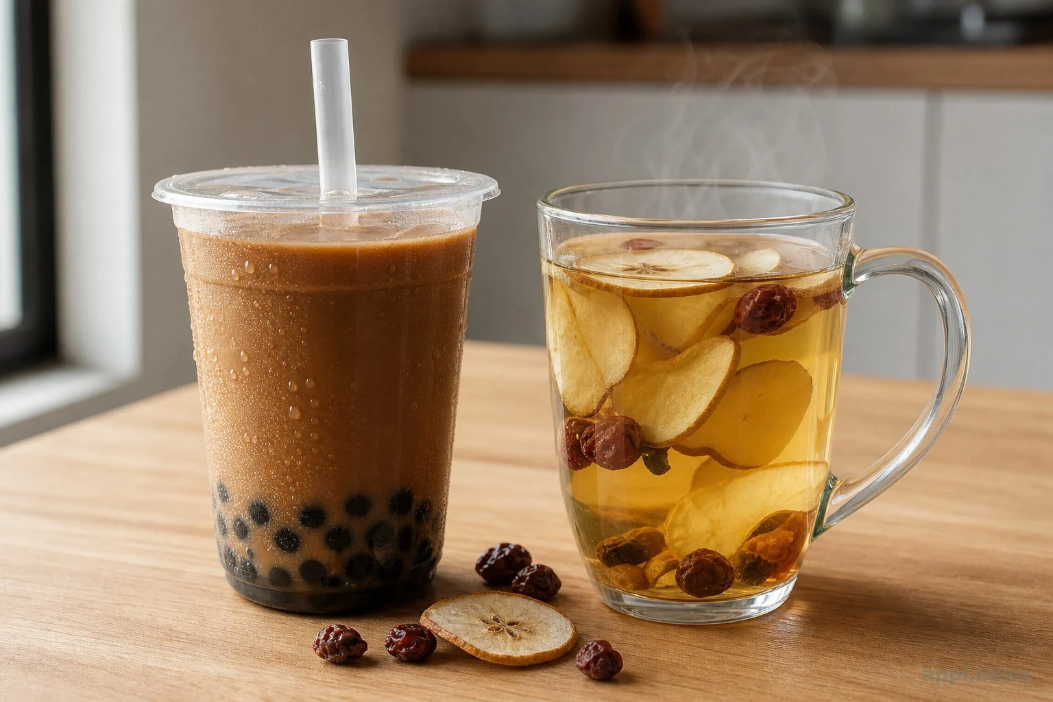 左邊是深色手搖含糖飲料，右邊是淺色的甜菊葉果茶，呈現兩種睡前飲品的對比