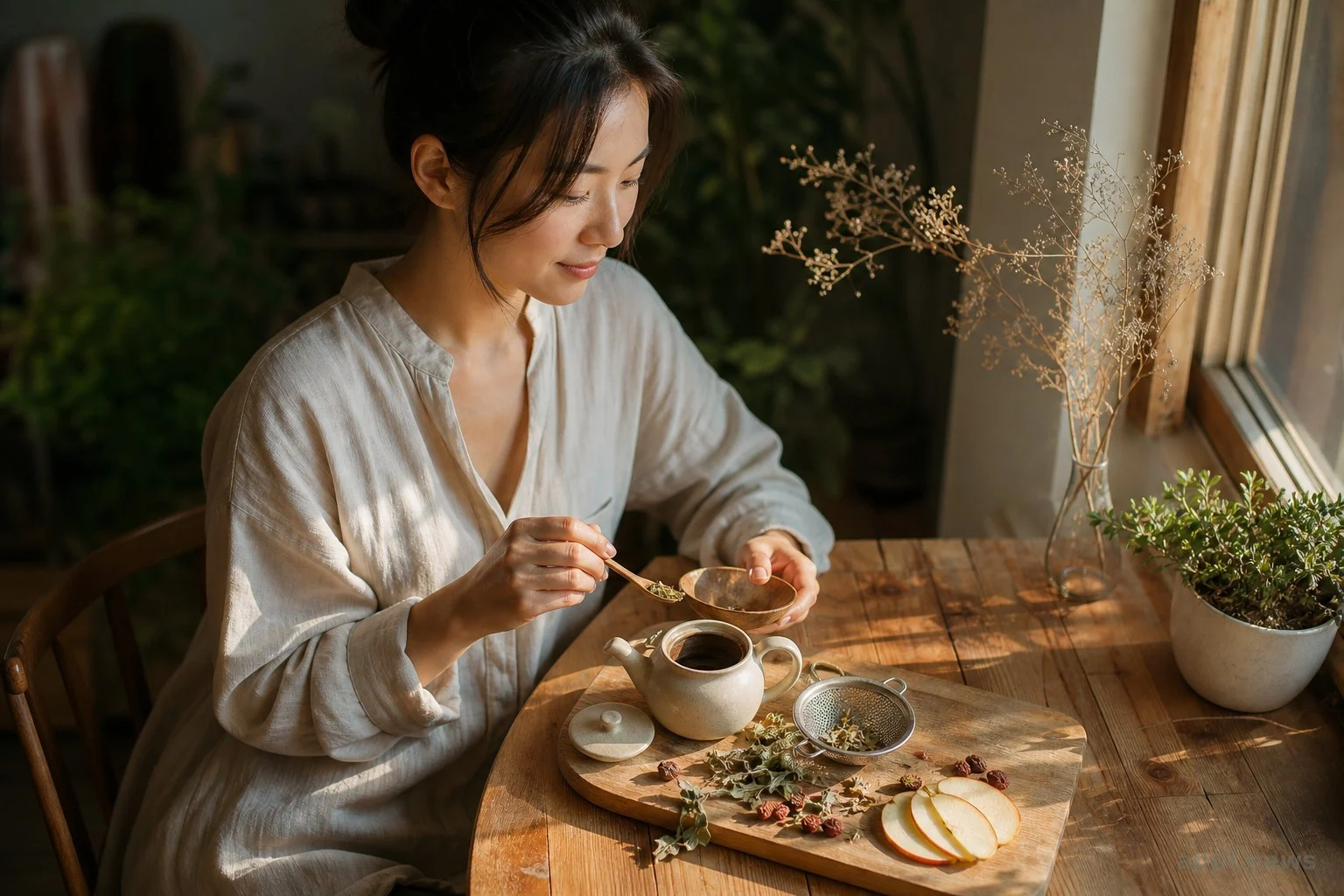 甜菊葉、玫瑰果乾與新鮮蘋果片等泡茶食材平鋪在木質檯面上，搭配正在沖泡的茶壺