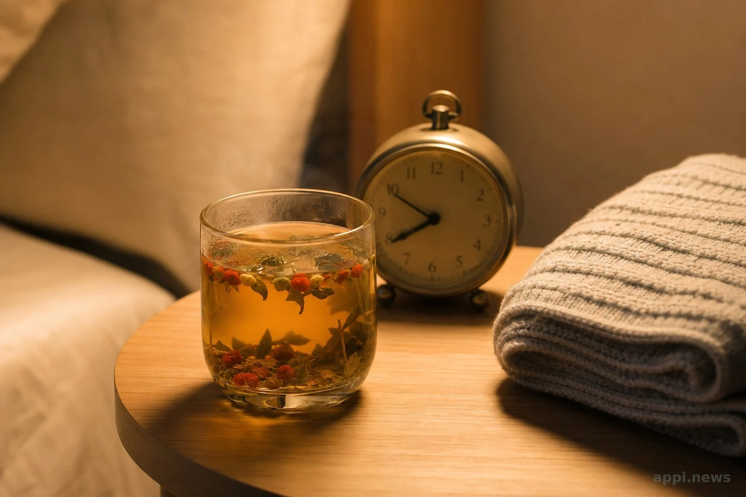 床邊小桌上放著一杯淺色茶飲與時鐘，呈現睡前喝飲品拿捏時間的情境