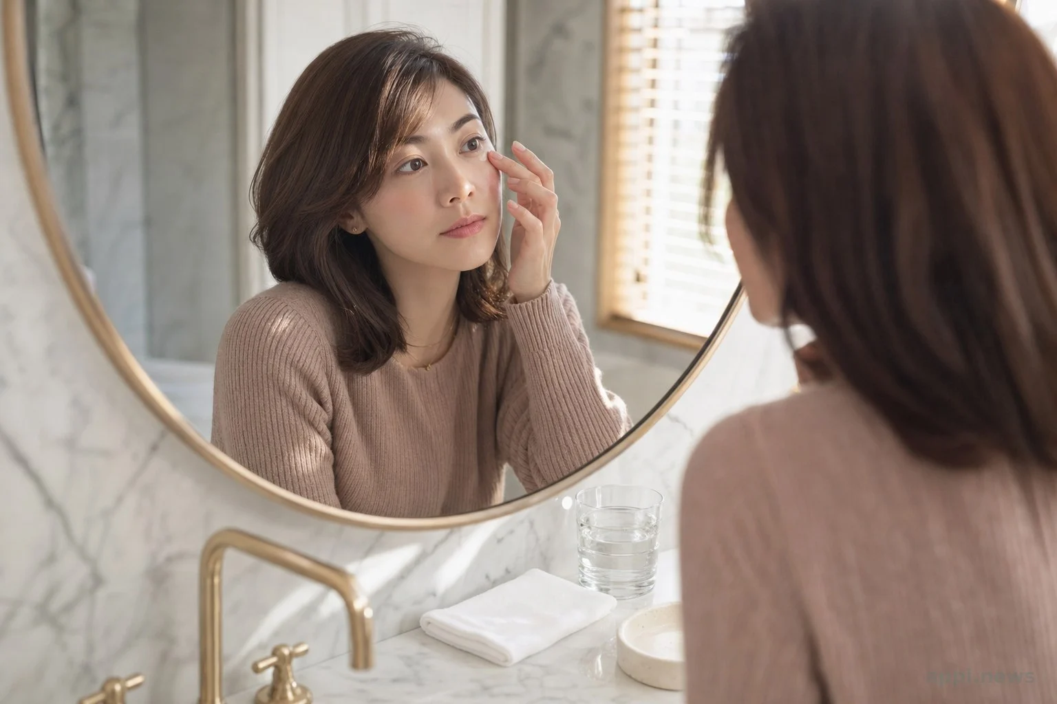 女性在浴室鏡子前檢視自己的氣色與眼周狀況