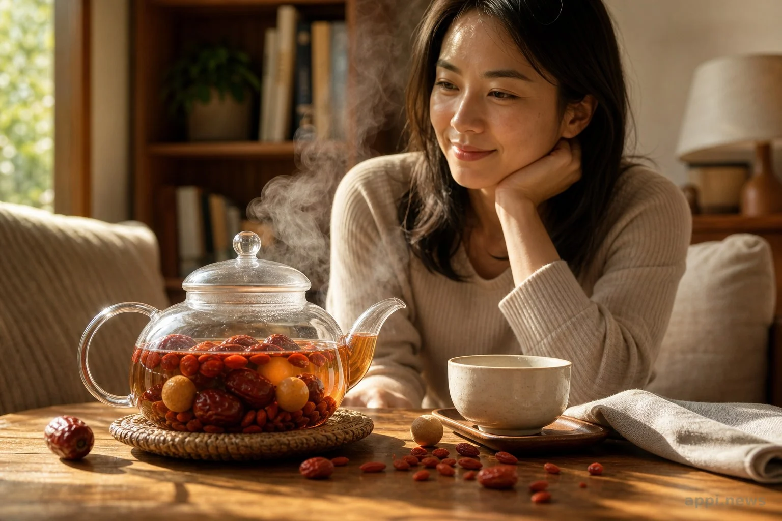 木質桌面上，玻璃壺盛裝著紅棗、枸杞與桂圓正在熱水中舒展，一旁放著茶杯，午後陽光灑落的溫馨畫面