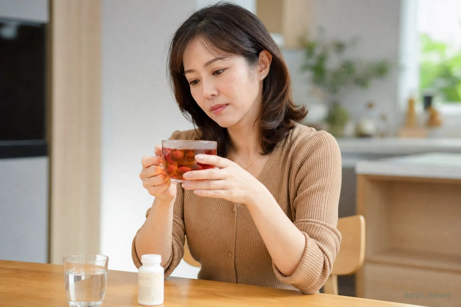 一位女性坐在餐桌前，看著手中的紅棗枸杞茶若有所思，桌上放著藥物與水杯，暗示服藥期間需留意飲用時機