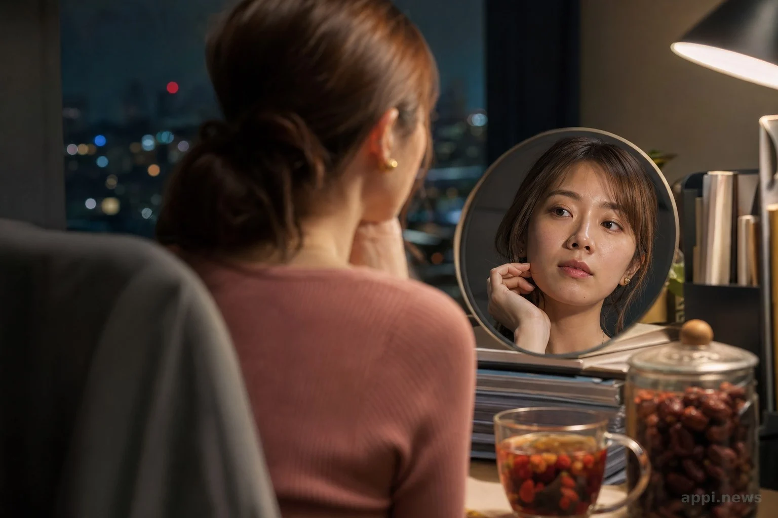 熬夜加班的台灣上班族女性在辦公室鏡子前檢視自己的氣色