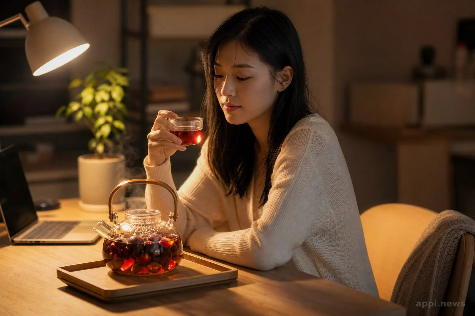 玻璃茶壺沖泡紅棗枸杞洛神花茶的溫暖畫面,擺在書桌旁
