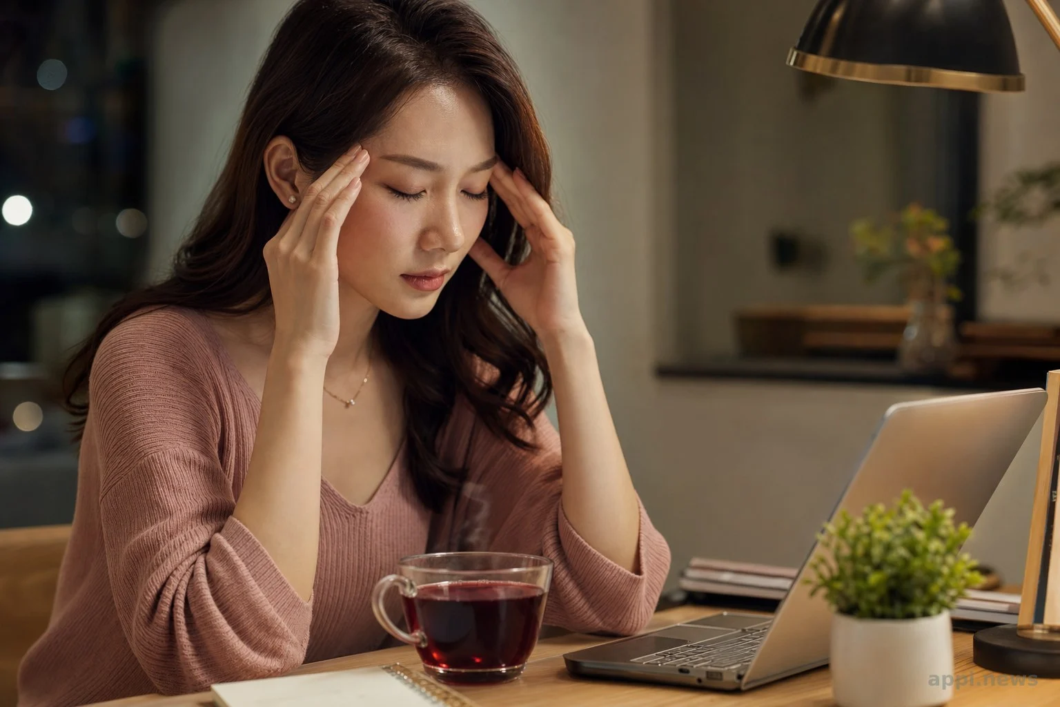 熬夜用眼後的女性在書桌前休息片刻，身旁放著一杯黑醋栗莓果茶