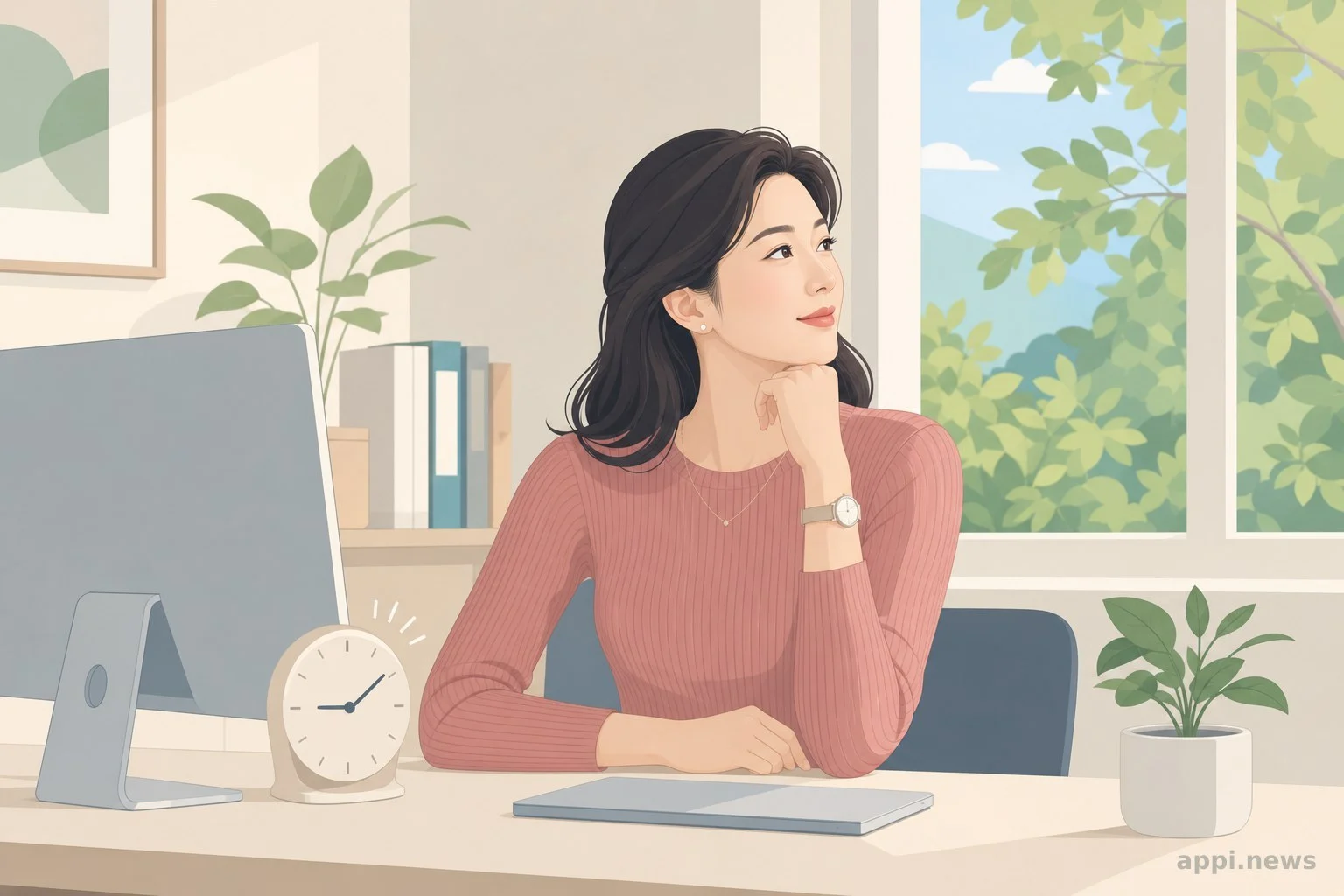 示意用眼一段時間後，將視線移向遠方窗外景色休息