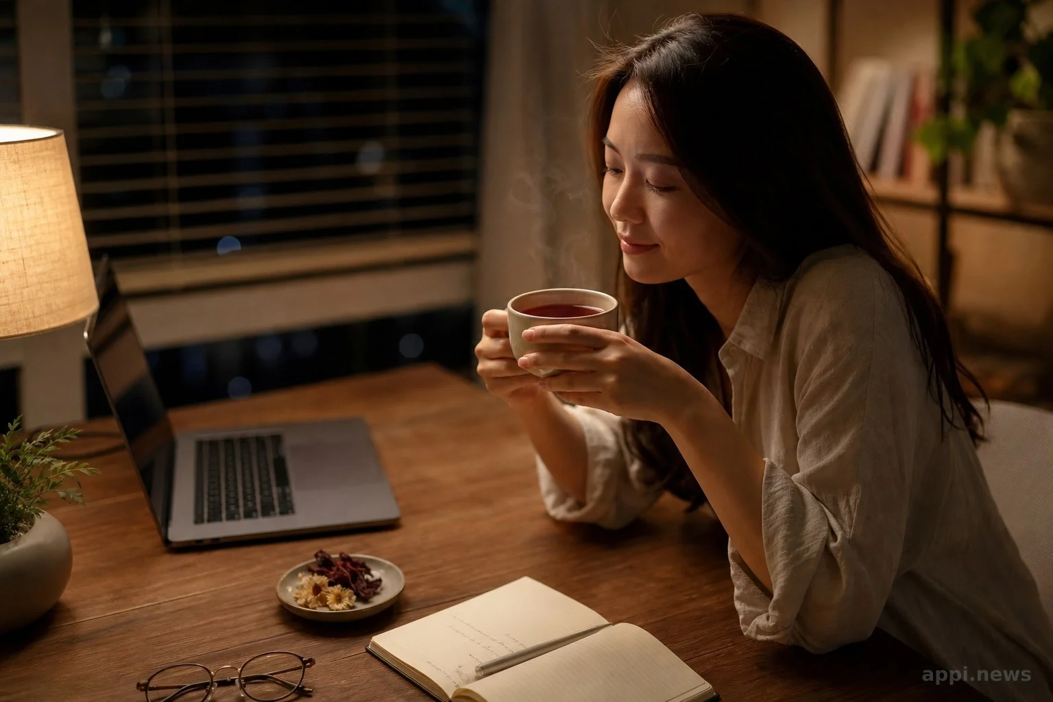 深夜書桌上放著一杯洛神花茶，呈現熬夜後想喝點清爽茶飲放鬆的情境